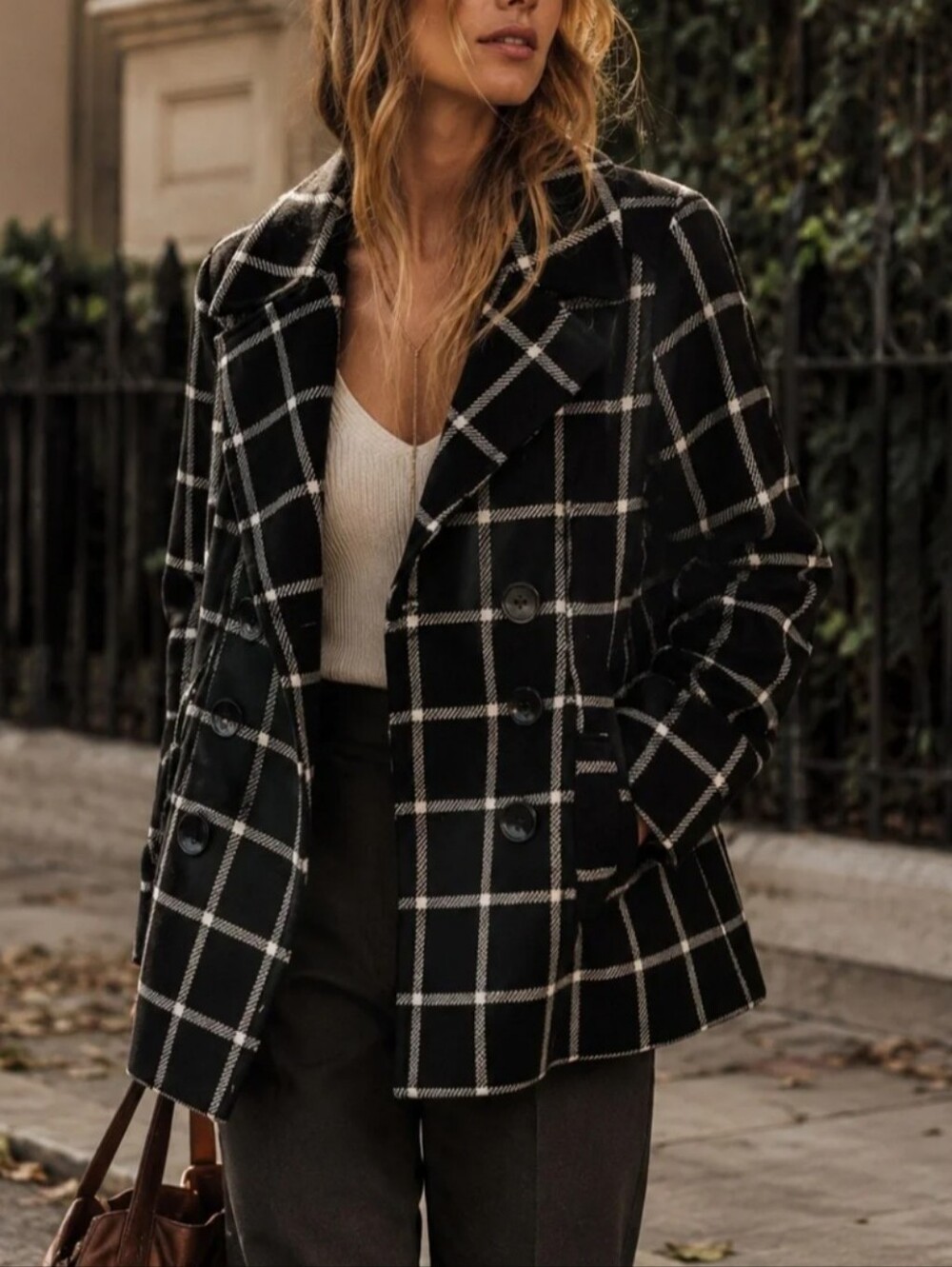 Larry Levine Double Breasted Plaid Black And White  Pea Coat Jacket XL NWT